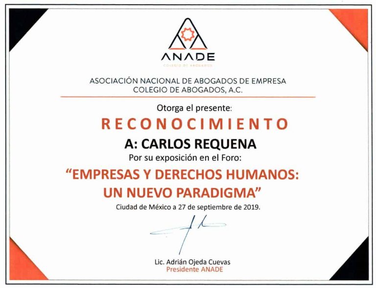 Reconocimiento ANADE 2019 | Empresas y Derechos Humanos | Abogado Carlos Requena